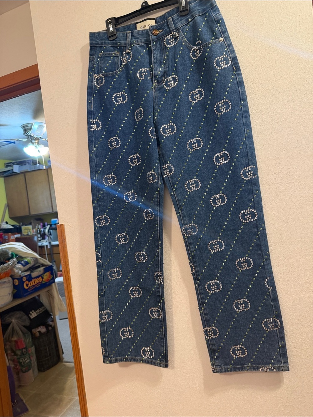Gucci Womens Denim Straight Jeans with Pearl Logo Motif Size Small